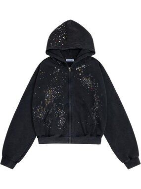 Unisex Oversized Rhinestone Zip-Up Hoodie - Star Design, Trendy Casual Jacket